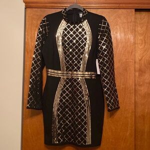 Venus party dress.  Black with gold sequins.  Very flattering.  NWT.